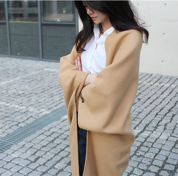 2015秋冬装韩版小香风蝙蝠袖女款中长款羊绒毛呢披肩斗篷外套大衣