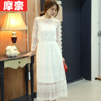 连衣裙时尚2015新款韩版小清新白色蕾丝显瘦长袖中长款裙子女春秋