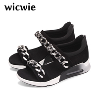 WICWIE2015欧洲站新款夏季欧美潮平底真皮运动厚底金属链条凉鞋女