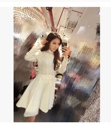 春季新款韩版修身显瘦白色蕾丝拼接收腰打底裙连衣裙女装裙子G699