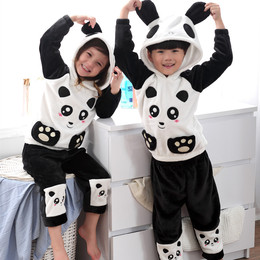 秋冬季珊瑚绒儿童睡衣女孩男童加厚法兰绒卡通熊猫可爱套装家居服