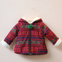 民族风~韩版童装2015冬季新款女童加绒连帽外套 儿童宝宝棉服棉衣