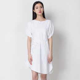 匀音2015春夏新款棉麻白色连衣裙清新文艺高腰不对称系带中长款裙