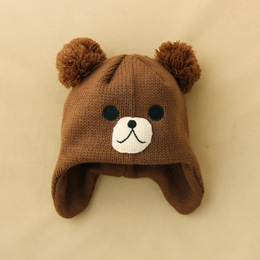 秋冬儿童帽子宝宝小孩婴儿保暖帽子小熊造型卡通毛球护耳帽外出帽