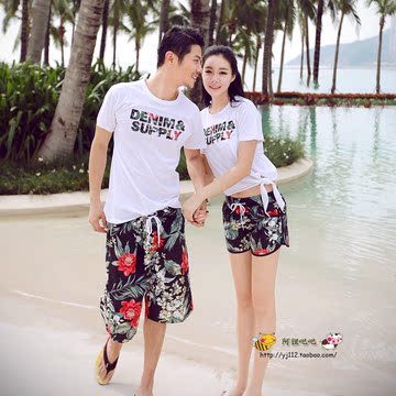 韩版情侣沙滩裤 速干男女款T恤情侣装马尔代夫海边旅游度假
