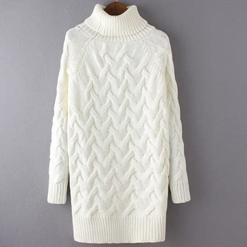 冬装新款韩版白色高领毛衣女中长款加厚宽松套头插肩袖打底针织衫