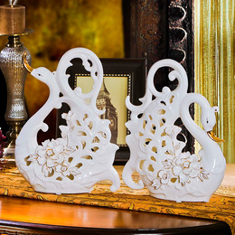陶瓷天鹅现代工艺品创意摆件 家居装饰品结婚庆礼物 白瓷描金贴花