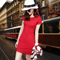 欧洲站2015夏季新款时尚圆领收腰红色连衣裙大牌女装针织裙子女潮