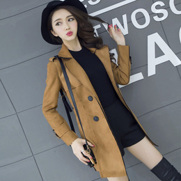 韩版2016春季女新款风衣纯色鹿皮绒外套修身双排扣中长款毛呢外套