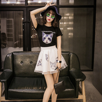 L 2015夏季新款日系 女装圆领短袖贴布猫咪T恤两件套连衣裙子