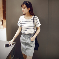 Y 2015夏季新款韩版女装圆领条纹翻边短袖显瘦休闲百搭T恤衫