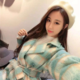 2015冬季新款韩版双排扣迷彩格子中长款加厚灯笼袖羊毛呢子大衣女
