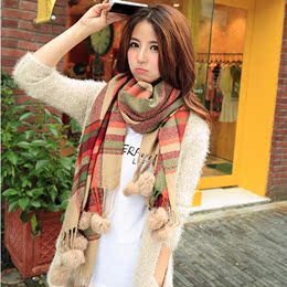 冬季韩版围巾女格子兔毛球学生少女加厚保暖双面仿羊绒披肩两用