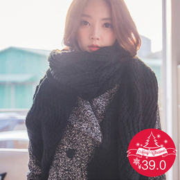 新款韩国毛线围巾女士加厚潮韩版纯黑色围脖冬季针织超大长款学生