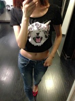 夏季新款欧美AA风逼真猫咪印花圆领短款T恤罩衫 宽松高腰露脐上衣