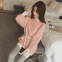2015秋冬新款韩版粉色甜美可爱中长款宽松显瘦九分袖针织衫毛衣潮