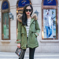 2015秋冬新款军绿色帅气不规则下摆设计真毛领羽绒服女装加厚外套