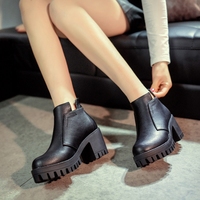 韩版系带厚底松糕短筒女靴秋冬季单鞋加绒高跟马丁靴女 粗跟短靴