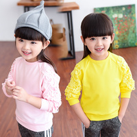 女童2015秋季新款韩版童装中小童纯色蕾丝圆领纯棉卫衣长袖打底衫