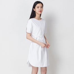 匀音2015春夏新款纯棉白色连衣裙简约唯美高腰不对称系带中长款裙