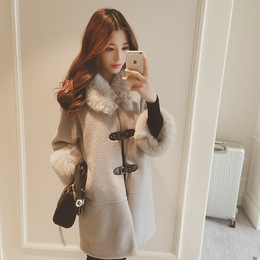 2015冬季新款韩版大码女装羊羔毛拼接毛领呢子大衣中长款毛呢外套