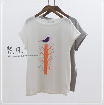 【韩】夏季小清新可爱小鸟树枝修身圆领套头短袖T恤4469