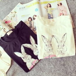 小葡萄 2015夏季新款兔子印花修身T恤女韩版百搭圆领短袖t恤衫女
