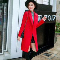 2015冬装新款女式韩版修身中长款西装领燕尾开叉羊毛呢大衣外套女