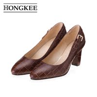 HONGKEE/红科2015春季高跟女鞋舒适单鞋粗跟圆头船鞋H16155