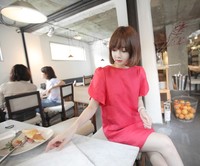 2015夏季韩国新款棉麻短袖郁金香花瓣袖直筒宽松版连衣裙