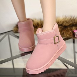 2016冬季新款加厚保暖雪地靴皮带扣防滑水平底短靴女靴子粉色