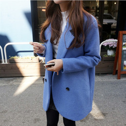 2015冬季韩版毛呢外套女中长款韩范加厚茧型呢子大衣宝蓝色潮