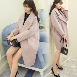 2016秋冬新款韩版中长款气质翻领羊毛呢外套 显瘦茧型呢子大衣女