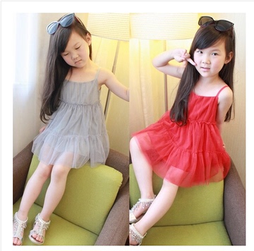 2015韩版童装 夏款女童拼接式吊带纱裙 连衣裙