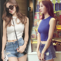 2016夏季新款韩版短款高腰露脐针织背心T恤女纯色紧身外穿上衣潮