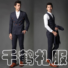 千鹤礼服2015上海展会新款男士西服英伦复古条纹蓝底白条三件套