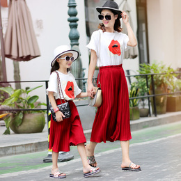 亲子装夏装母女装 2016新款韩版宽松短袖家庭套装夏季雪纺长裤潮