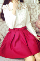 2015秋装新款女时尚衬衫 蕾丝花朵勾花镂空拼接白色长袖衬衣