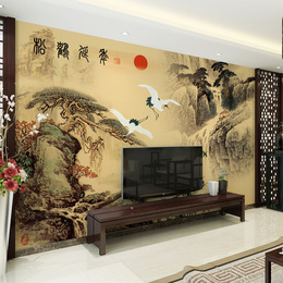 中式客厅立体3D电视背景墙山水油墨环保墙纸壁纸自粘壁画飞鹤山水
