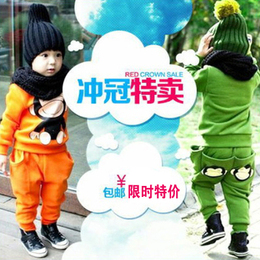 2015韩版儿童童装 卡通大嘴猴运动休闲套装 纯棉加绒长袖两件套潮