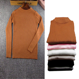 2016韩版秋冬季新款针织包芯丝短款高腰打底衫细坑条女装长袖大码
