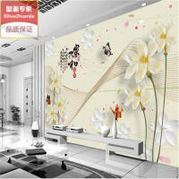 中式家和富贵壁纸3D浮雕清新花朵蝴蝶电视背景墙纸客厅沙发壁画布