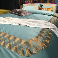 美式高端定制100支匹马棉纯色金线刺绣四件套奢侈床上用品水青色