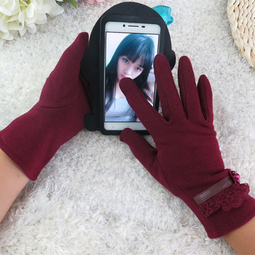 韩国版时尚新款女士保暖触屏手套 不倒绒布艺加绒女冬季手套