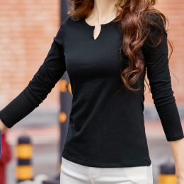 2016秋季新款时尚韩版长袖V领t恤女纯棉修身显瘦打底衫简约上衣潮