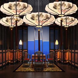 新中式吊灯茶楼餐厅客厅灯创意艺术手绘国画布艺灯笼圆形仿古灯具