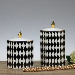 简约现代黑白菱形格纹陶瓷装饰罐 家居样板房储物罐工艺饰品摆件