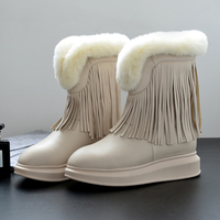 2016欧美真皮40大码流苏雪地靴短筒女靴子加绒厚底米白色保暖冬季