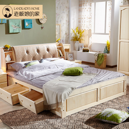 新品软靠实木松木床皮质软靠背双人床高箱储物床婚床中式卧室家具