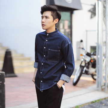 韩版男装2016秋季新款青年潮流立领牛仔长袖衬衫潮男宽松衬衫